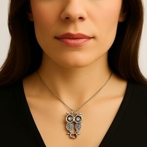 Elegant Silver Tone Shiny Crystal Owl Pendant Necklace - Women's Fashion Jewelry